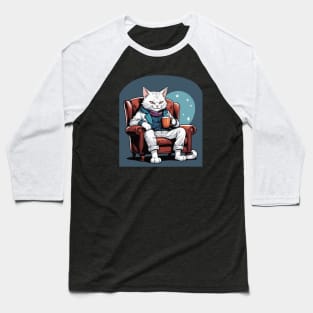 White Cat Lounging with Hot Chocolate Baseball T-Shirt